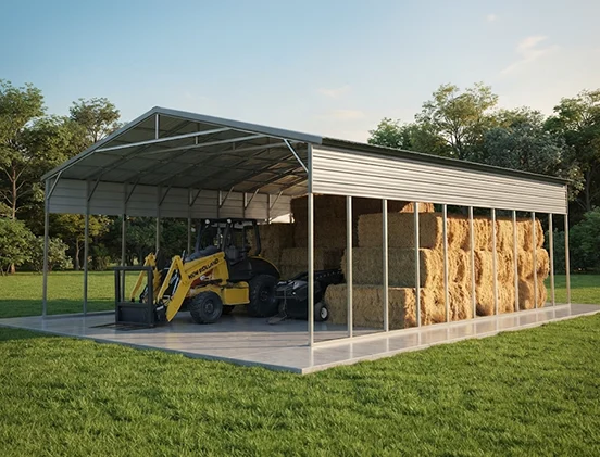 Metal building carport sheltering equipment and hay