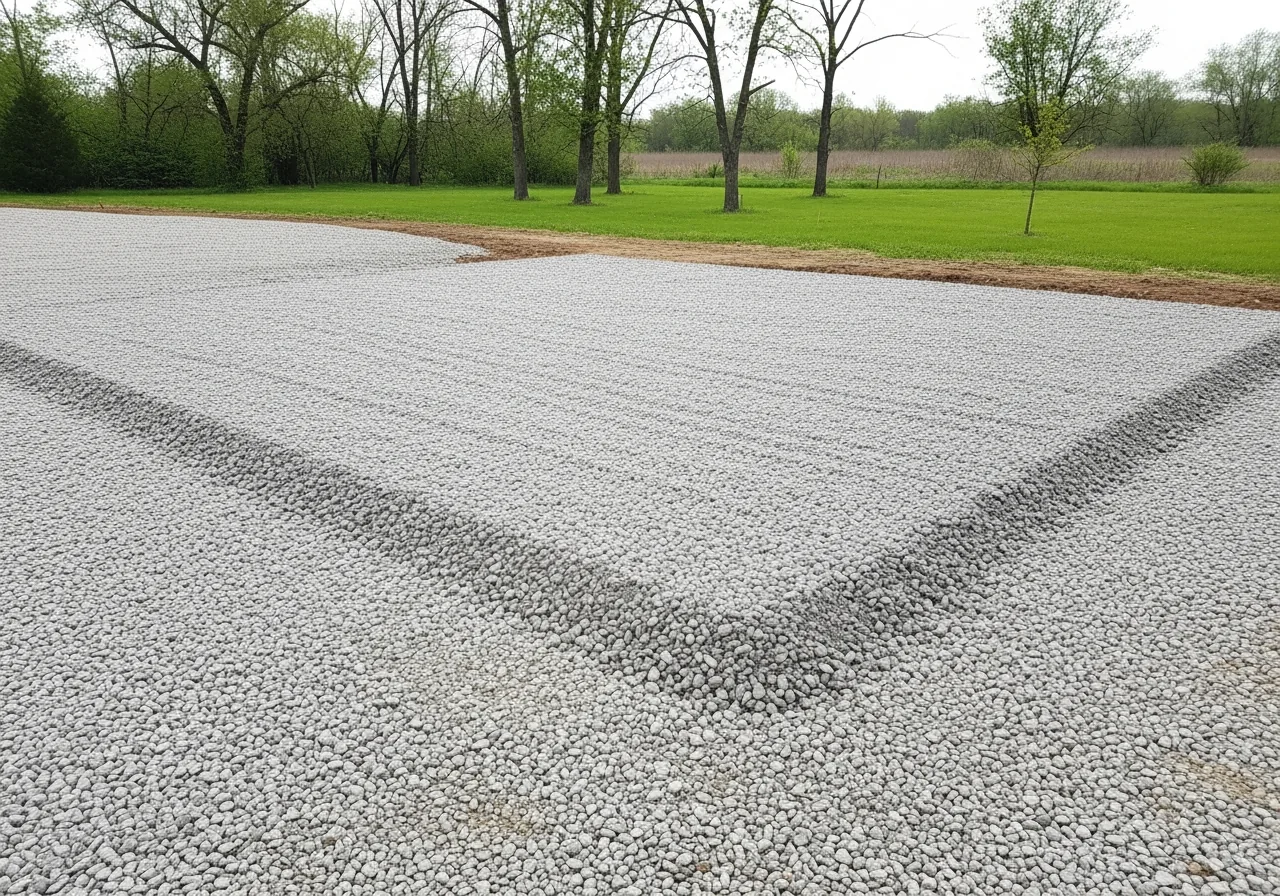 A compacted, level gravel pad prepared for a metal building